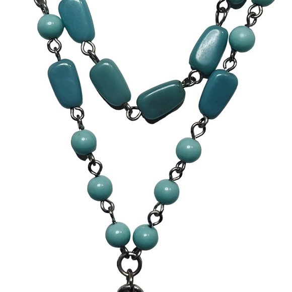 Southwest Style Double Strand Blue, White And Silver Tone Beaded Necklace (4868) - Picture 4 of 7